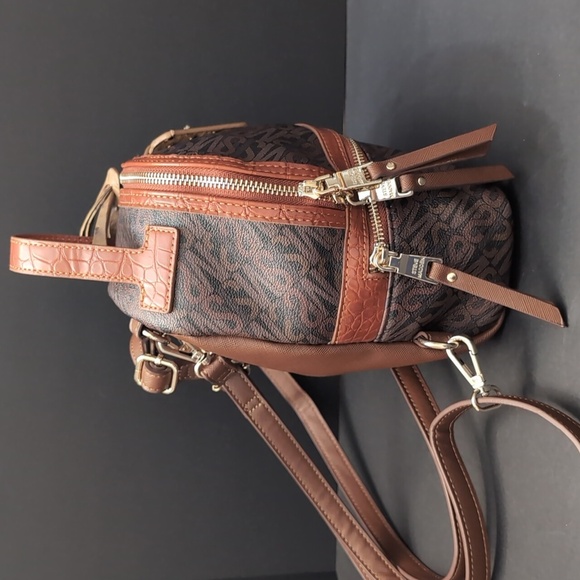 Steve Madden Mini Bjacki-L Brown/Black Monogrammed Backpack. - Picture 3 of 11